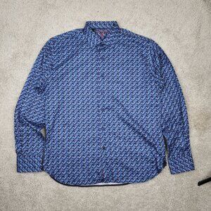 Luchiano Visconti Blue Scale Plaid Shirt Mens Size XL Paisley Stretch Casual Fit